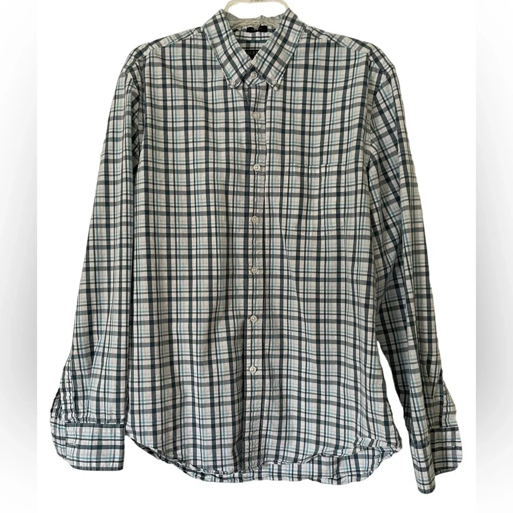 J. CREW OXFORD LONG SLEEVED BUTTON DOWN SHIRT Size L Blue Gray and White Plaid